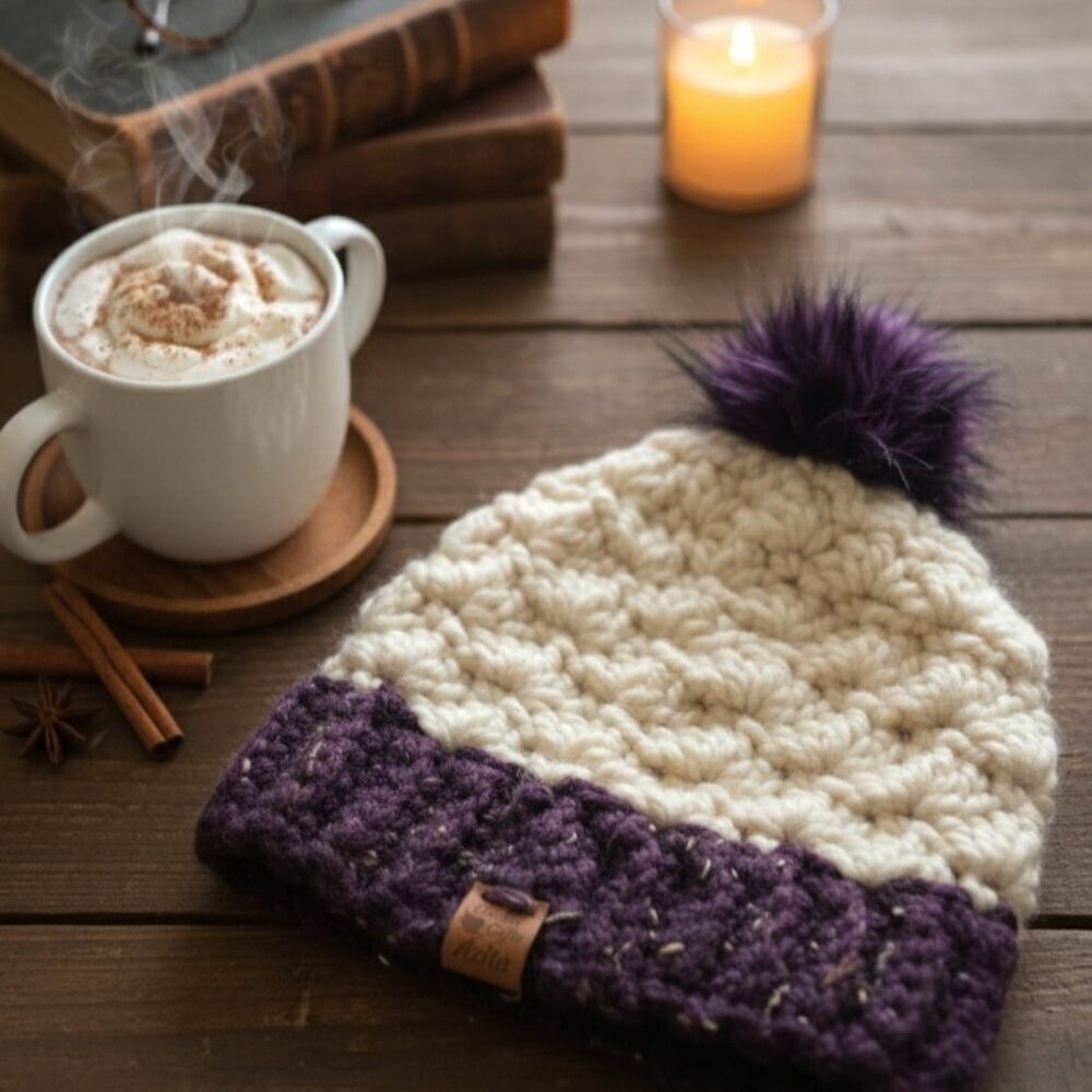 Handmade Toque Beanie Hat Purple Cream Shell Stitch Pompom‎